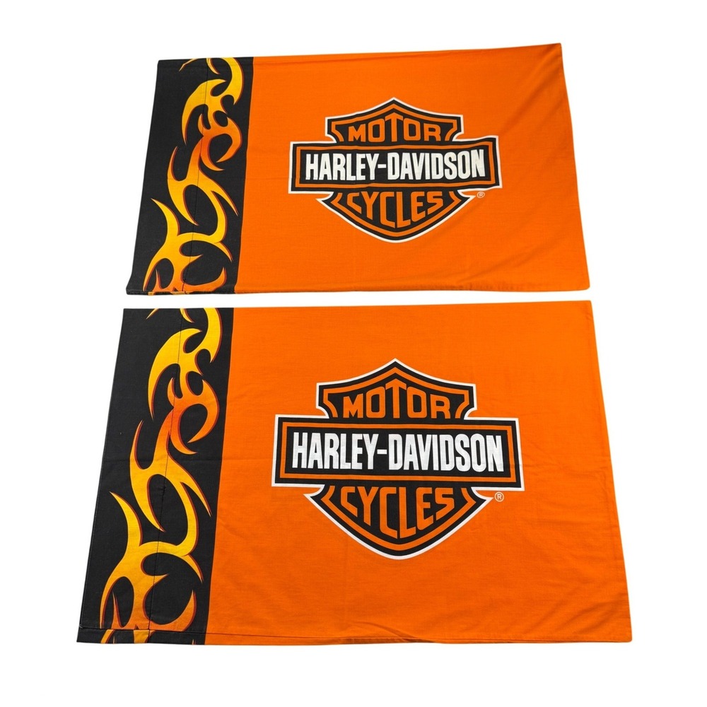 Harley Davidson Pillowcase Set 2pc Orange Black Tribal Flames Bar & Shield Logo